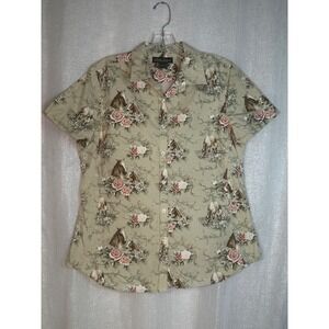 North River Outfitters Horse Rose Print Button Up Shirt Short Sleeve L‎